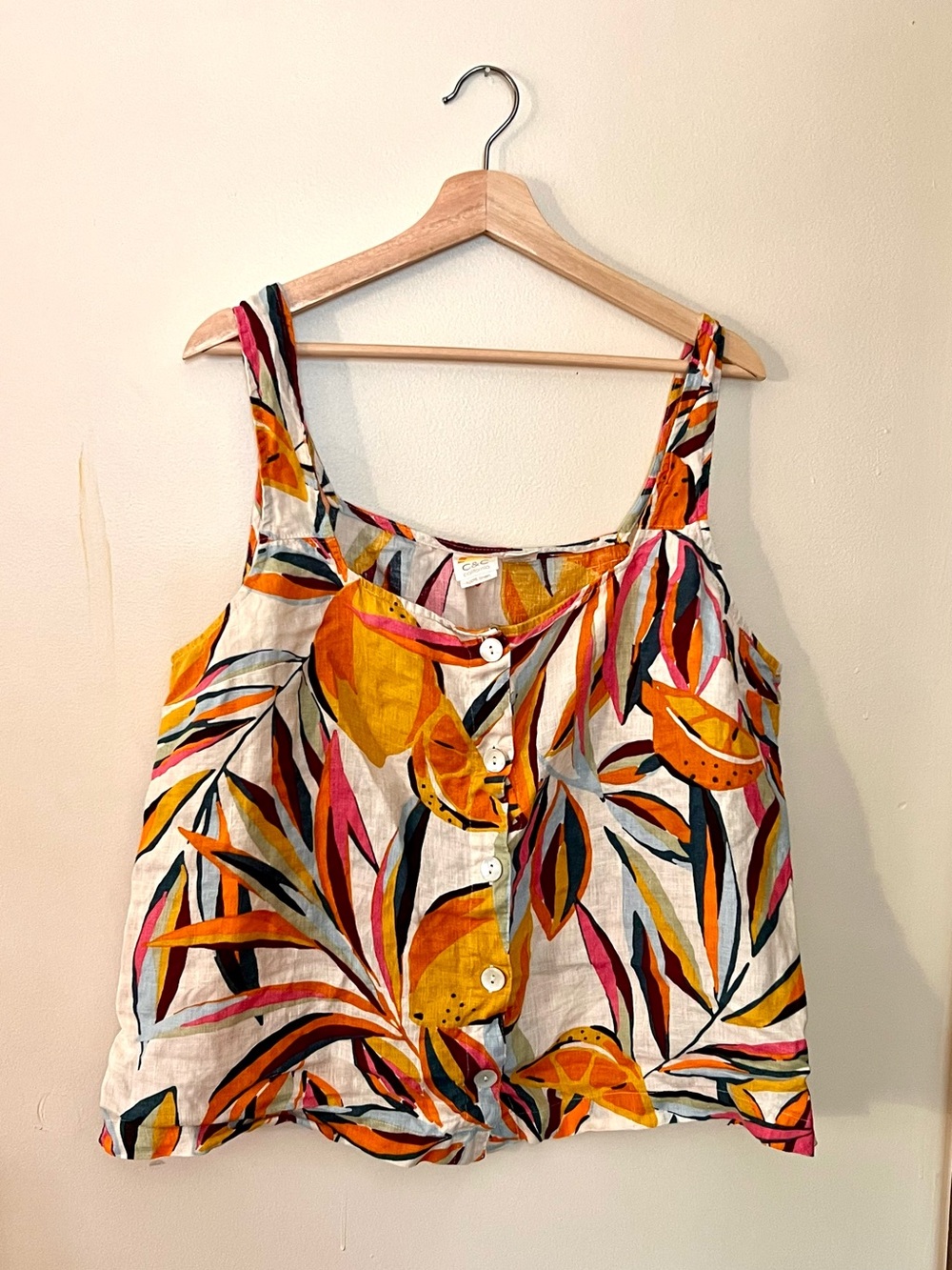 Tropical Citrus Linen Button-Front Tank Top Bright Colors - C&C California